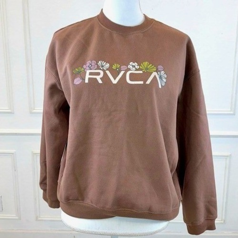 RVCA Sweatshirt Women Large Brown Floral Graphic Logo Crewneck Pullover Boho Sk8